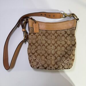 Coach E06U-10403 Signature Canvas Crossbody Bag Tan Brown Leather Trim